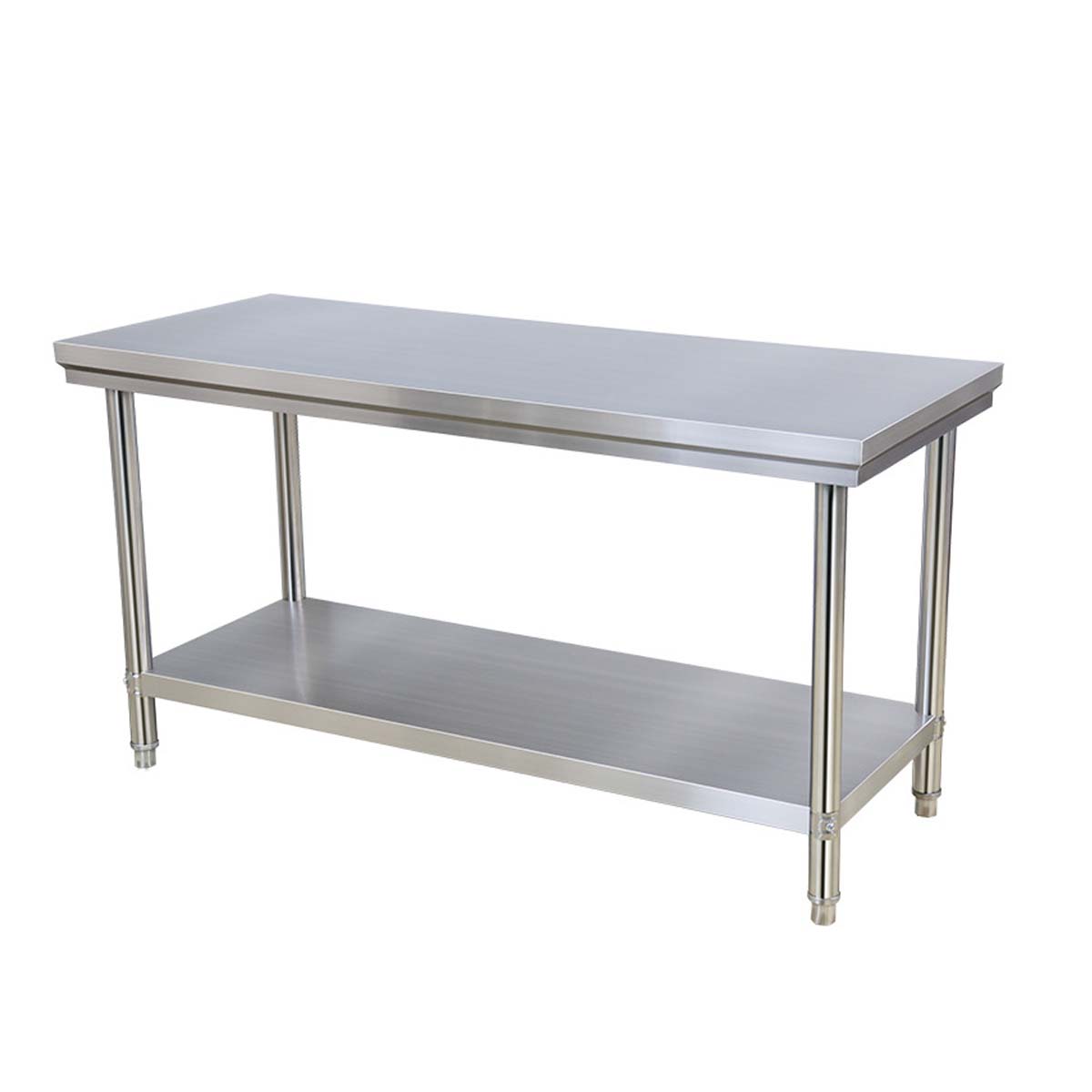 Mesón de acero inoxidable con superficie lisa y pulida, estante inferior y patas robustas.
