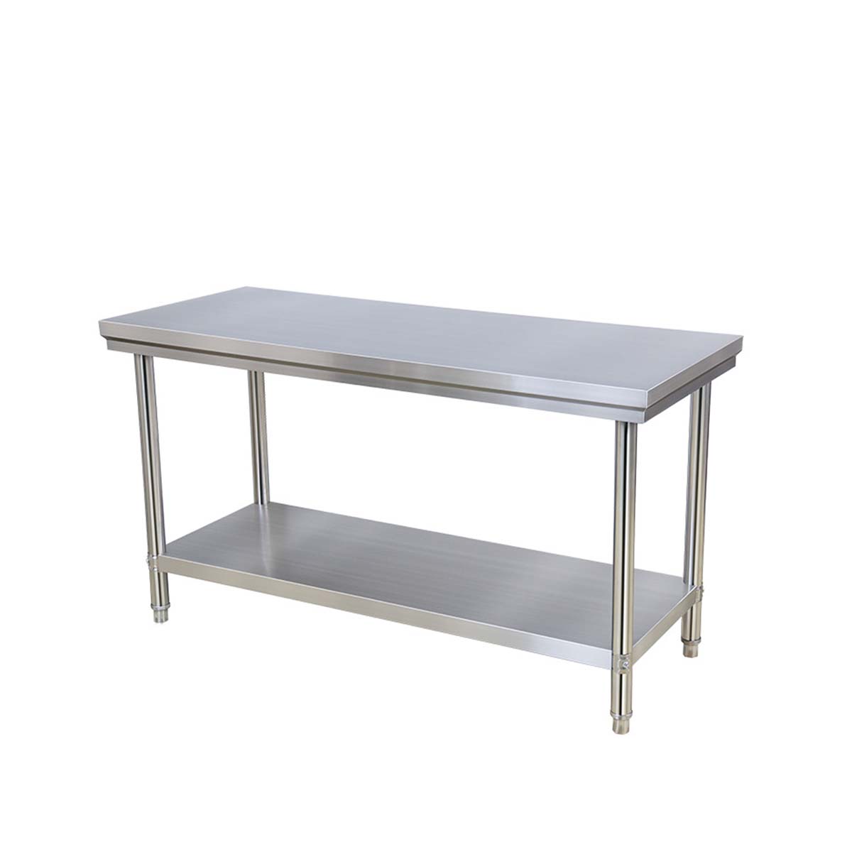Mesón de acero inoxidable con superficie lisa y pulida, color plata, con estante inferior.