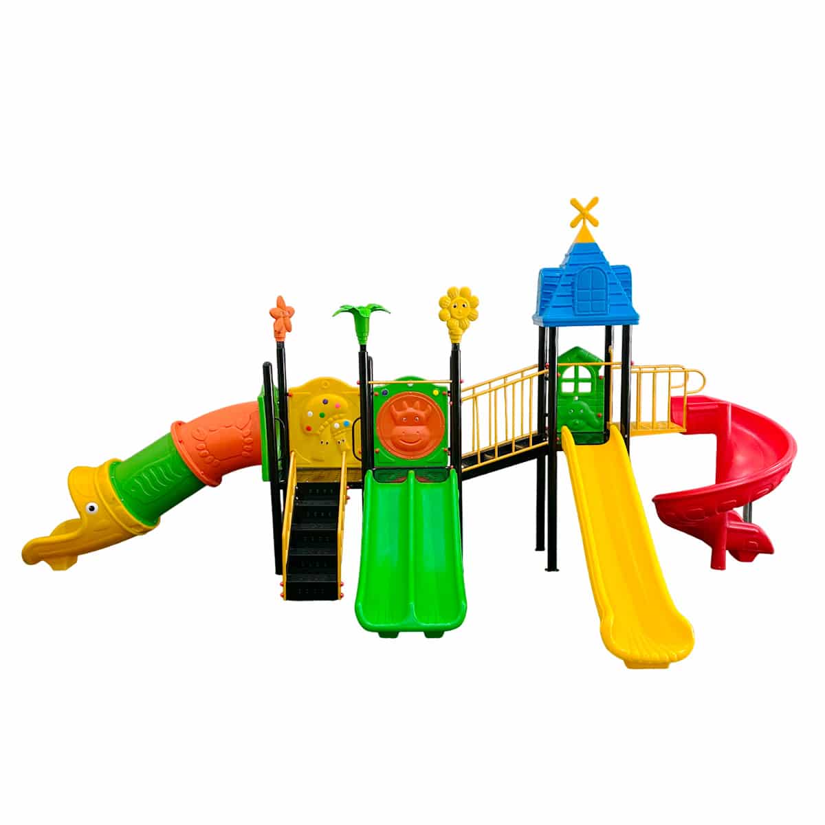 Juego de exterior colorido con cinco toboganes de diferentes formas y colores, ideal para niños.