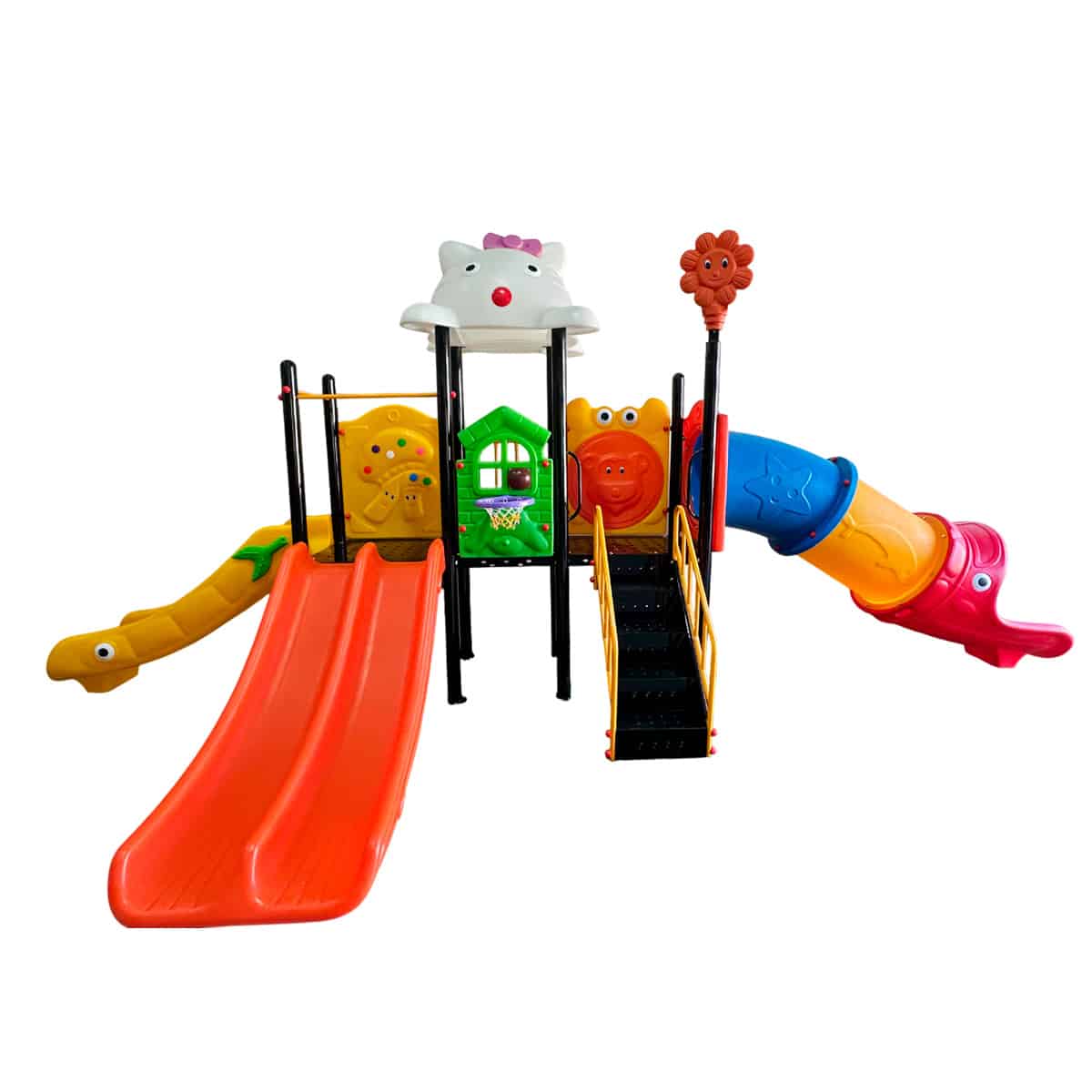 Juego infantil de exterior con cuatro toboganes coloridos y estructura segura, ideal para niños, en un patio.