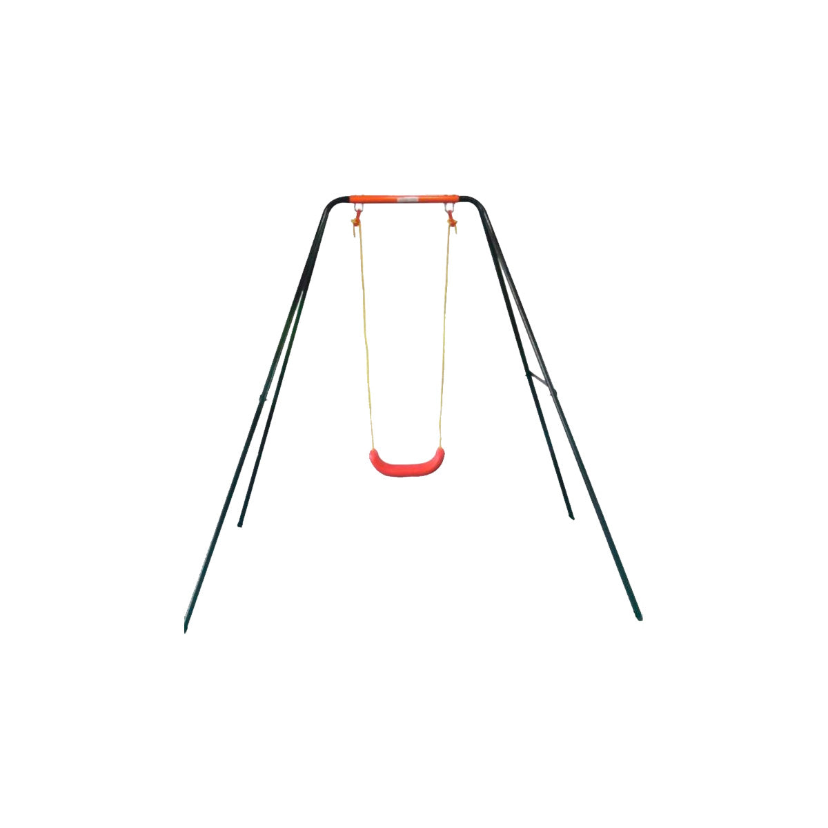 Columpio infantil de metal con asiento rojo y estructura negra, ideal para el jardín.