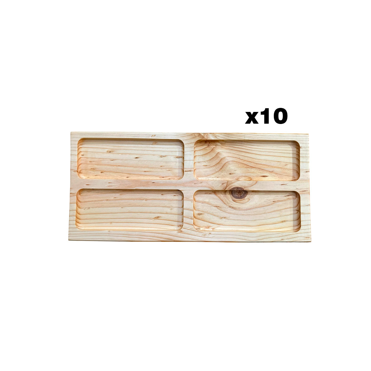 Imagen de un pack de 10 tablas de picoteo rectangulares de madera de pino, con un diseño rústico y elegante.