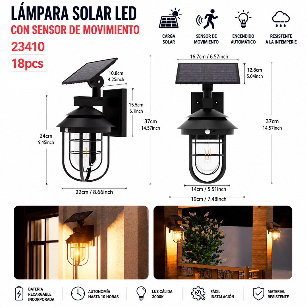 Foco Solar LED Exterior con Sensor de Movimiento Luz Cálida