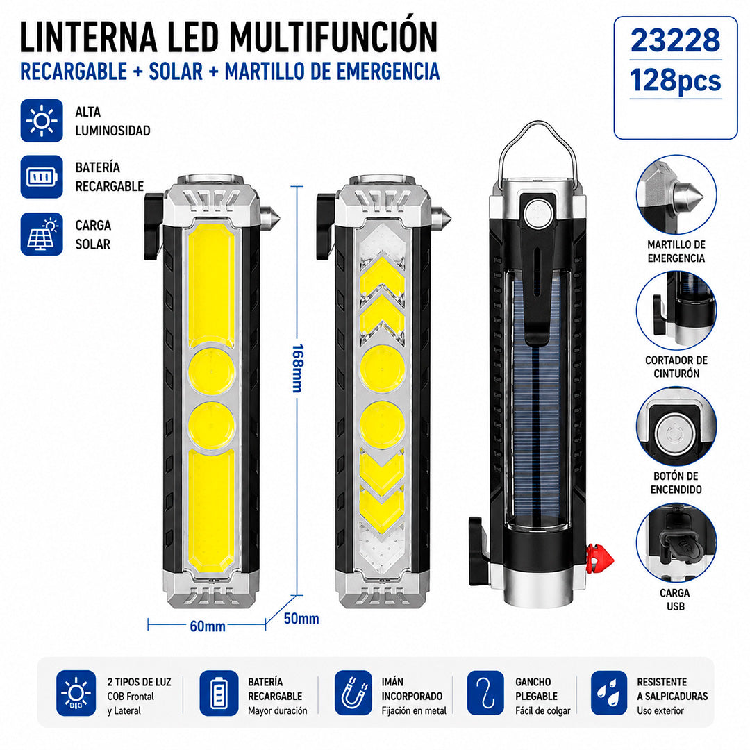Foco LED Multifunción Recargable Solar con Martillo de Emergencia