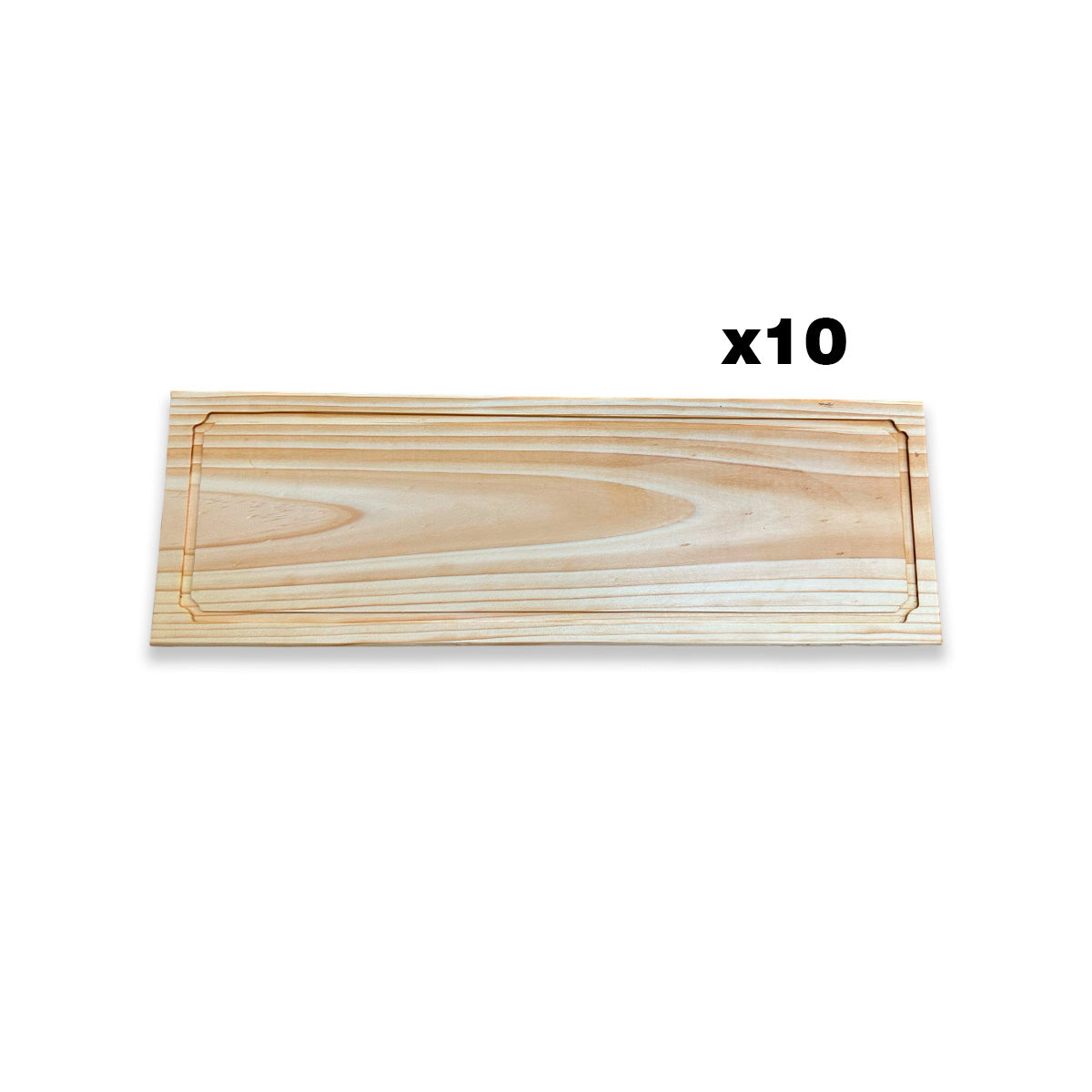 Imagen de una tabla de picoteo de madera de pino, rectangular, con un diseño sencillo y elegante. Se muestra un pack de 10 unidades.