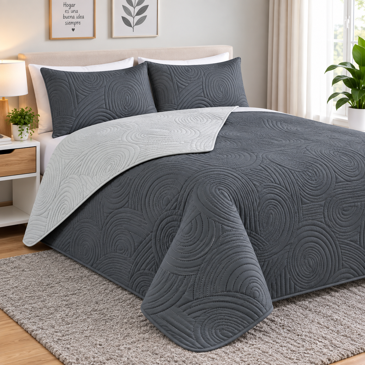 Cobertor Quilt Doral Hotpress Bicolor Gris 1.5 Plazas