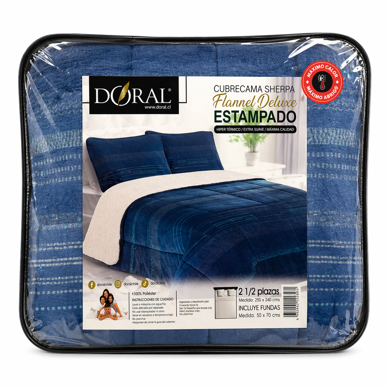 Plumón Sherpa Doral modelo Flannel Deluxe Azul Liso- 2.5 Plazas (250 x 240 cm)