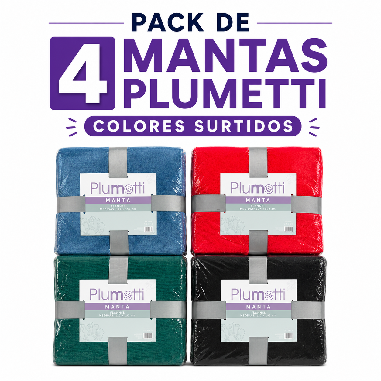 pack de 4 mantas plumetti colores surtidos