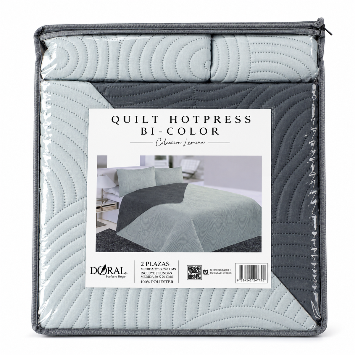 Cobertor Quilt Doral Hotpress Bicolor Gris 2 Plazas