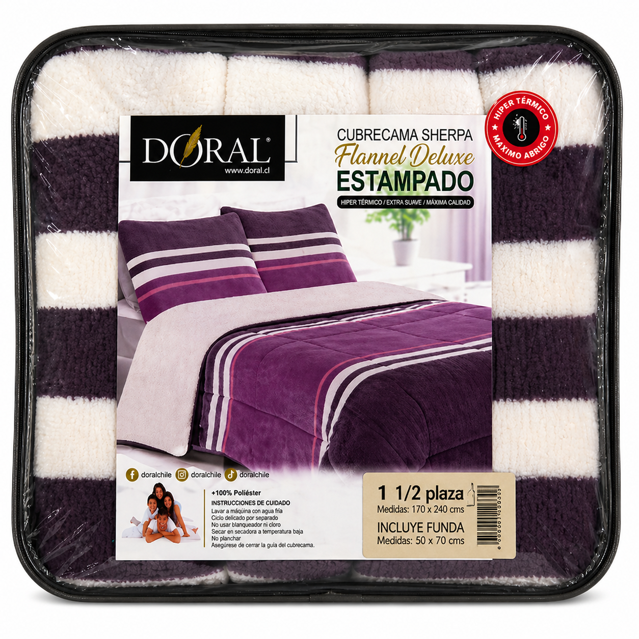 Plumón Sherpa Doral modelo Flannel Deluxe Lineal Violeta- 1.5 Plazas (170 x 240 cm))