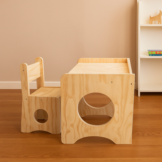 Pack 8 Montessori: Mesa + Silla + Circuito de Escalada + Escalera Didáctica + Torre de Aprendizaje para Niños