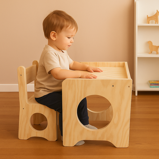 Pack Montessori: Mesa + Silla + Torre de Aprendizaje + Librero para Niños