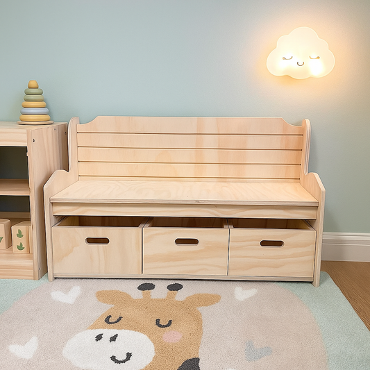 Banco Organizador Montessori de Madera para Niños con 3 Cajones