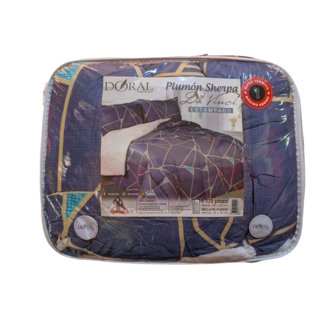 Plumón Sherpa Doral Da Vinci Estampado Azul dorado- 2 Plazas (210 x 230 cm)