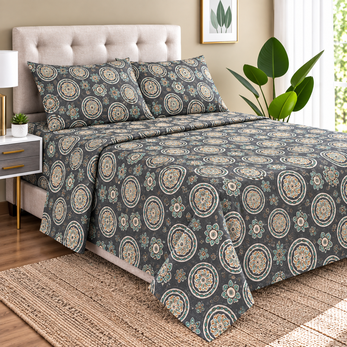 Juego Sábanas 1.5 Plazas Aterciopeladas Composé Microfibra Doral mandala