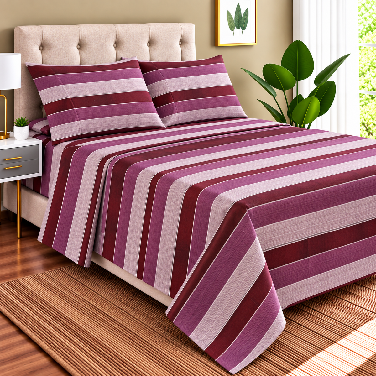 Juego Sábanas 2.5 plazas Aterciopeladas Composé Microfibra Doral Líneas Burdeo y Rosado
