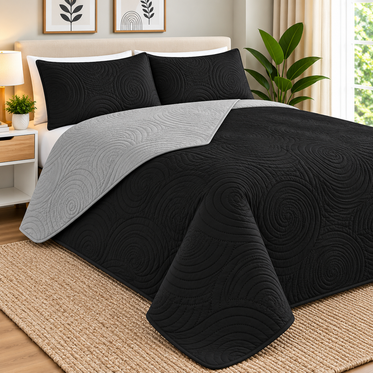 Cobertor Quilt Doral Hotpress Bicolor Gris y Negro 2.5 Plazas