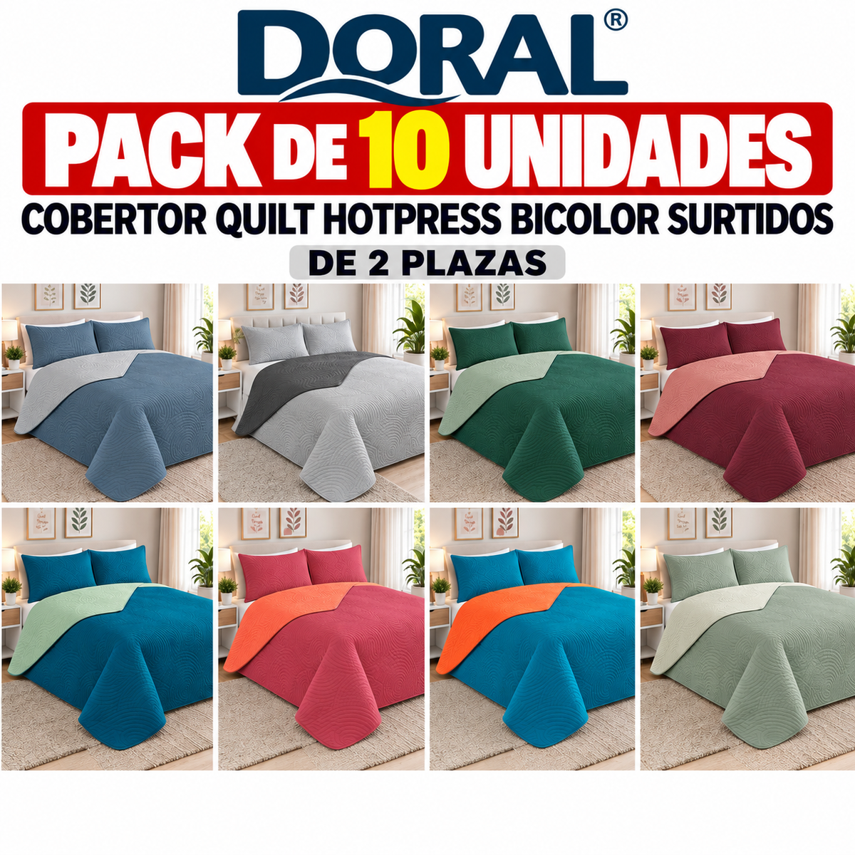 Pack 10 Cobertores Quilt Doral Hotpress Bicolor 2 Plazas Surtidos