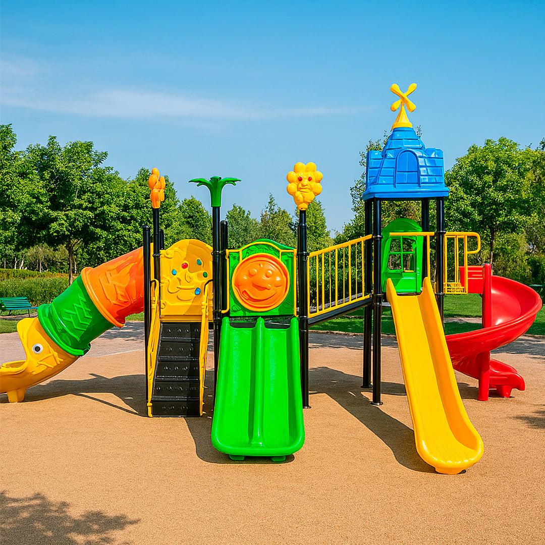 Juego Infantil de Exterior con 4 Toboganes y Túnel Oruga