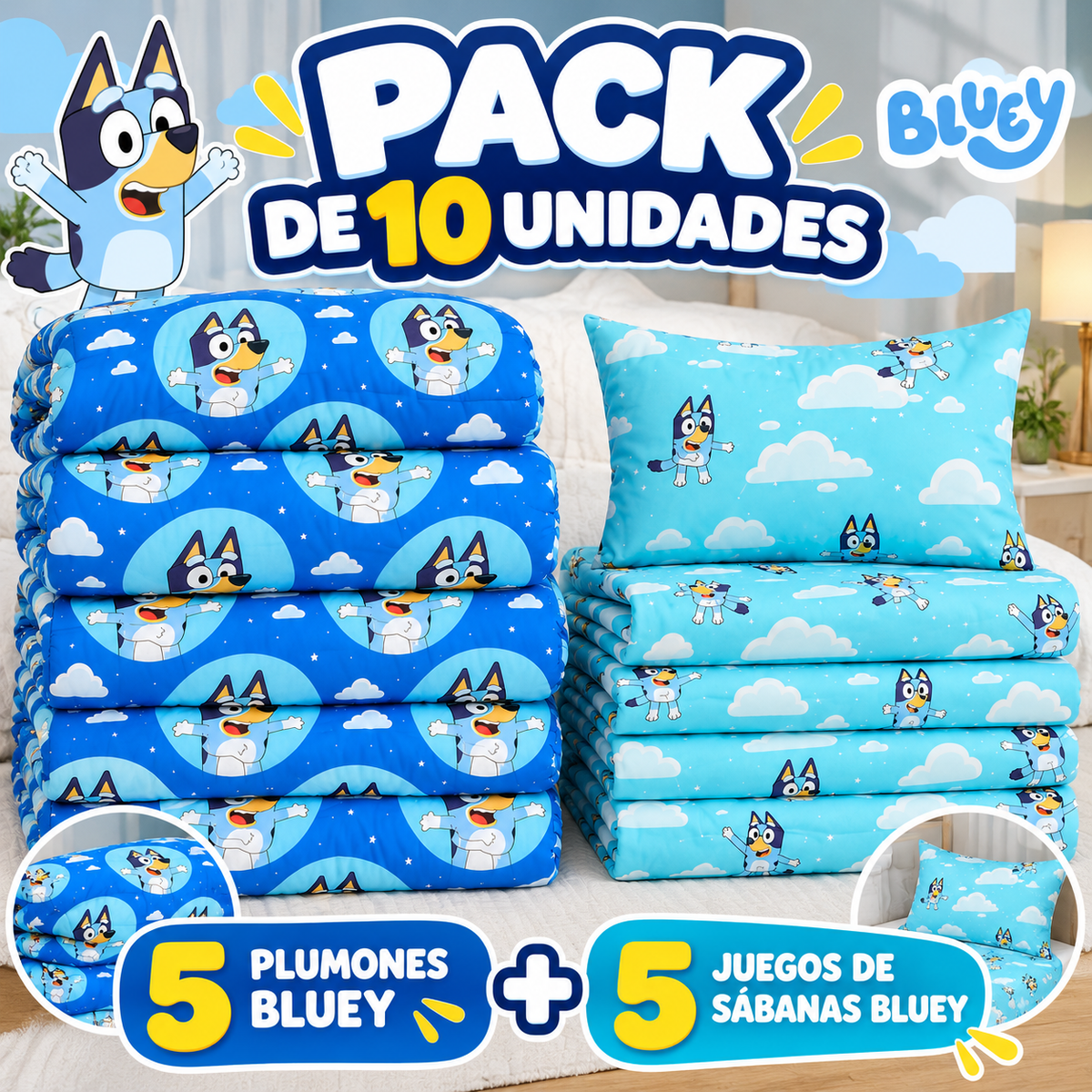 Pack Bluey Mashini 10 Unidades – 5 Plumones + 5 Juegos de Sábanas