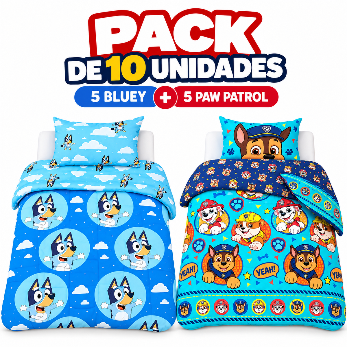 Pack de 10 plumones Mashini (5 Bluey + 5 Paw Patrol)