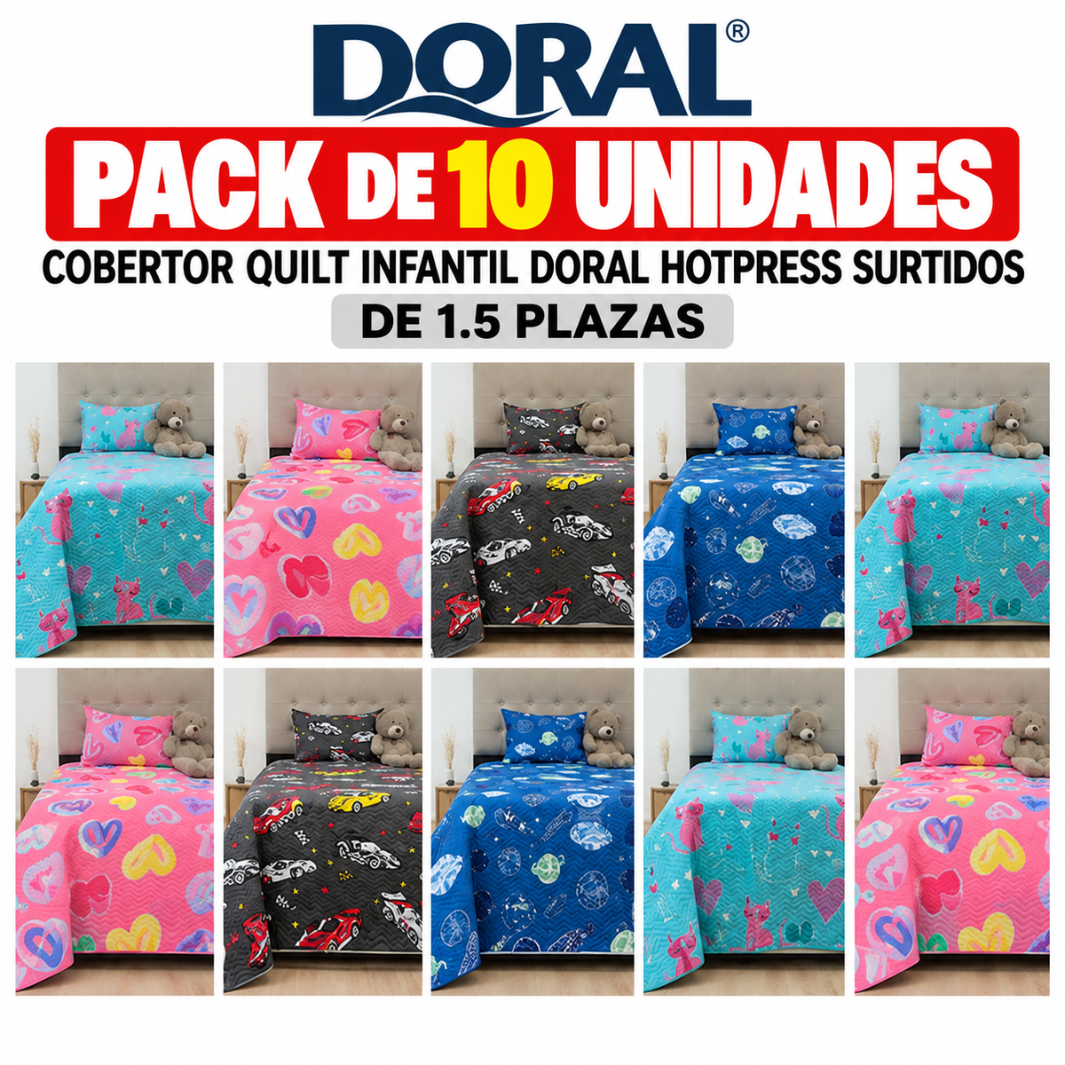 Pack 10 Cobertores Quilt Infantil Doral Hotpress 1.5 Plazas – Diseños Surtidos