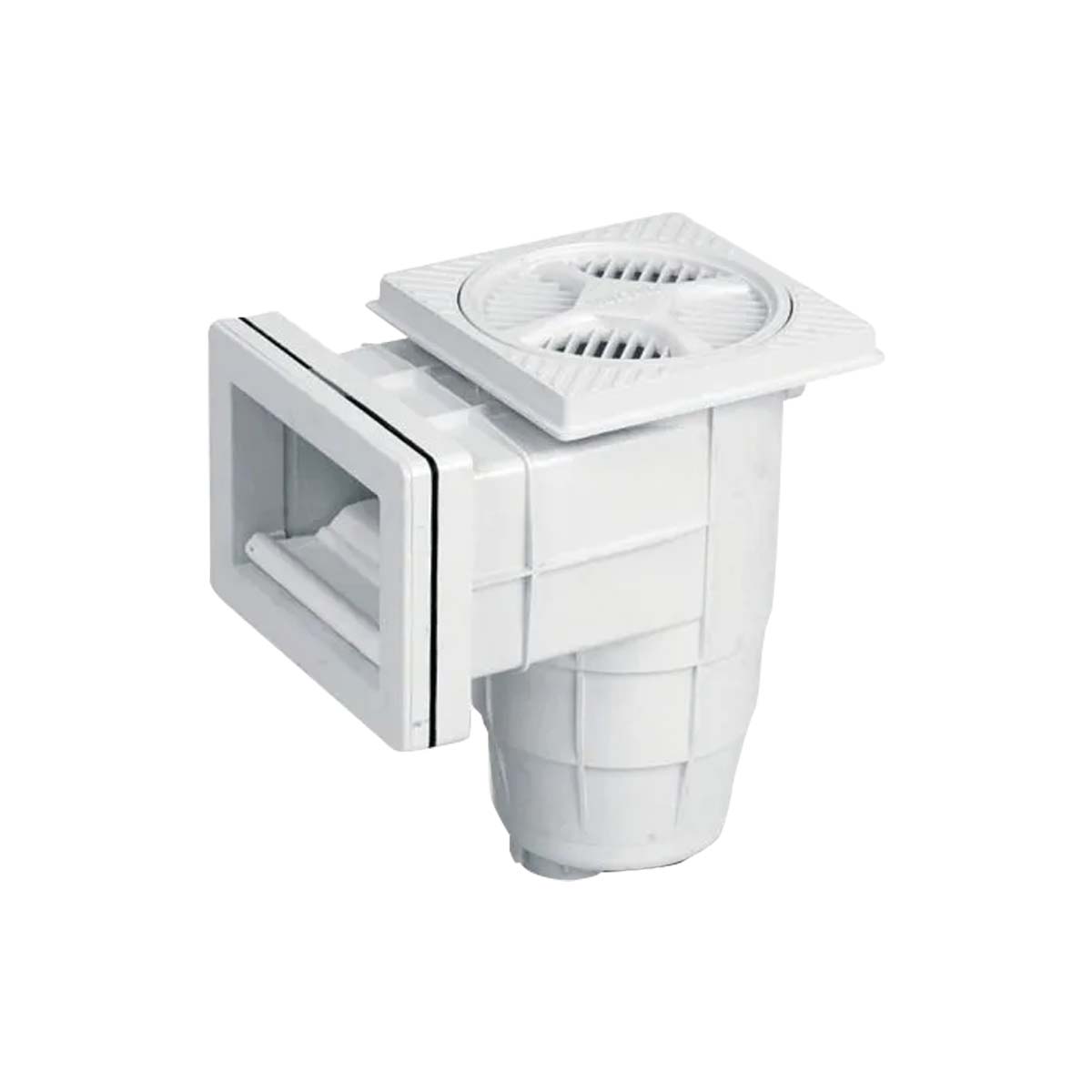 Imagen de un skimmer blanco Vulcano Mini, diseñado para piscinas de fibra de vidrio, mostrando su estructura y tapa superior.