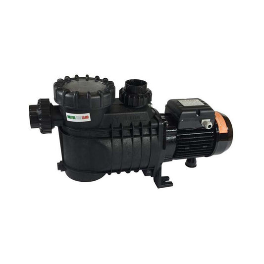 Imagen de una bomba para piscina Vulcano de color negro, con un diseño robusto y un prefiltro en la parte superior.