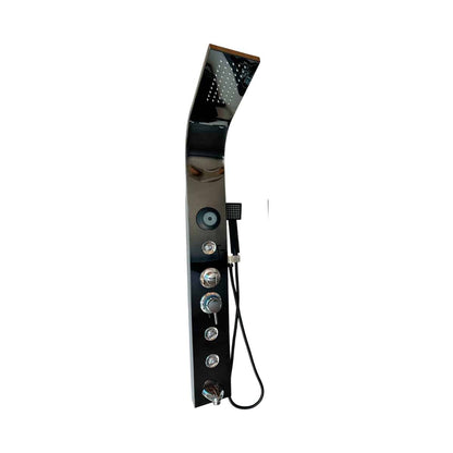 Columna de ducha negra con controles y ducha manual, diseño moderno y elegante.