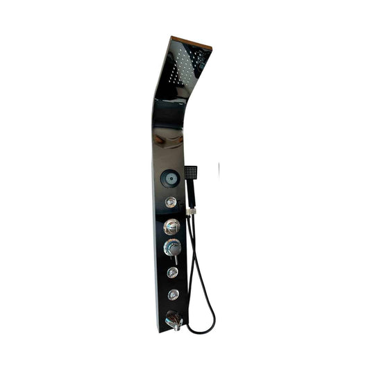 Columna de ducha negra con controles y ducha manual, diseño moderno y elegante.