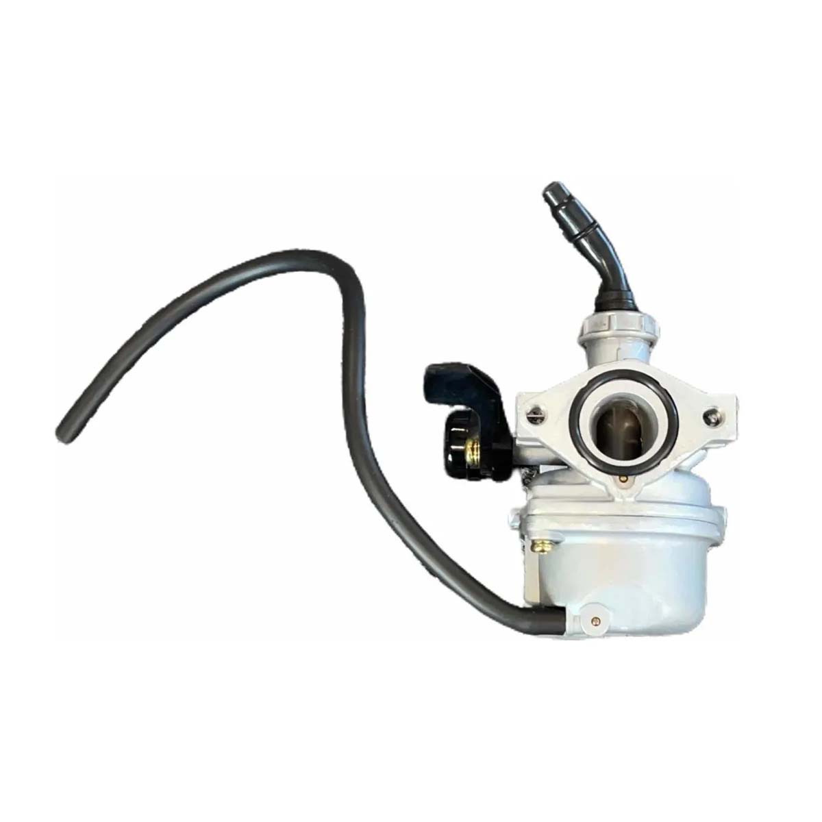 Imagen de un carburador universal para motos, con un diseño compacto y una manguera negra conectada.