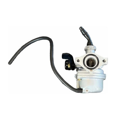 Imagen de un carburador universal para motos, con un diseño compacto y una manguera negra conectada.