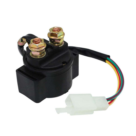 Celenoide de partida negro con dos terminales de cobre y cableado multicolor.