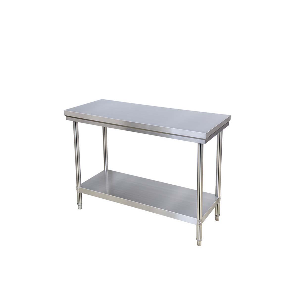 Mesón de acero inoxidable con superficie lisa y pulida, ideal para cocinas, con estante inferior y patas ajustables.