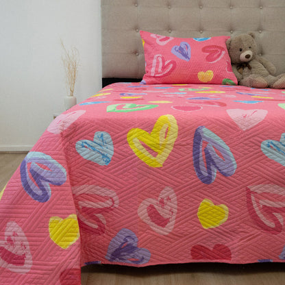 Cobertor Quilt Infantil Rosado Doral Hotpress Corazones 1.5 Plazas