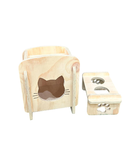 Casa Comedor De Madera Para Gatos - Diseño 2 En 1
