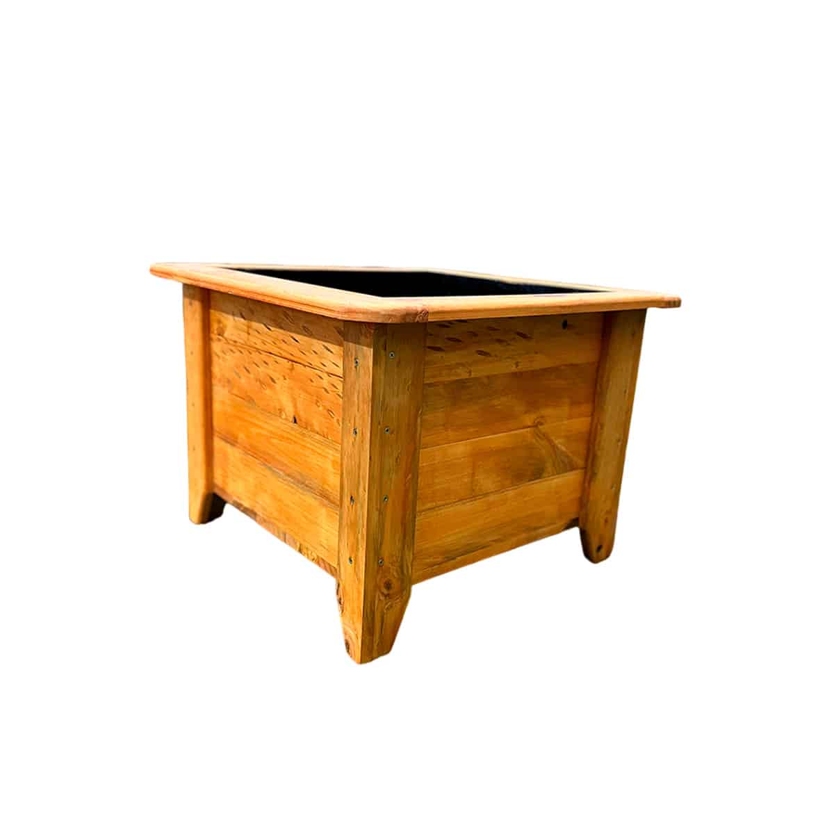 Macetero de madera color alerce con diseño cuadrado, ideal para decorar jardines o terrazas.