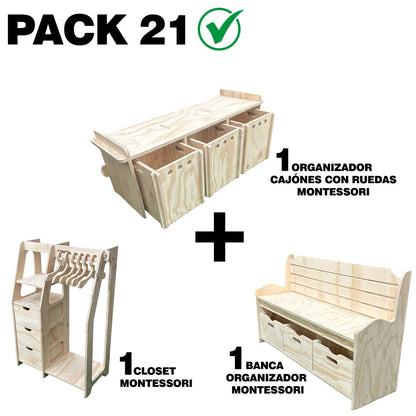 Pack 21 Montessori: Clóset + Organizador + Banco Organizador para Niños