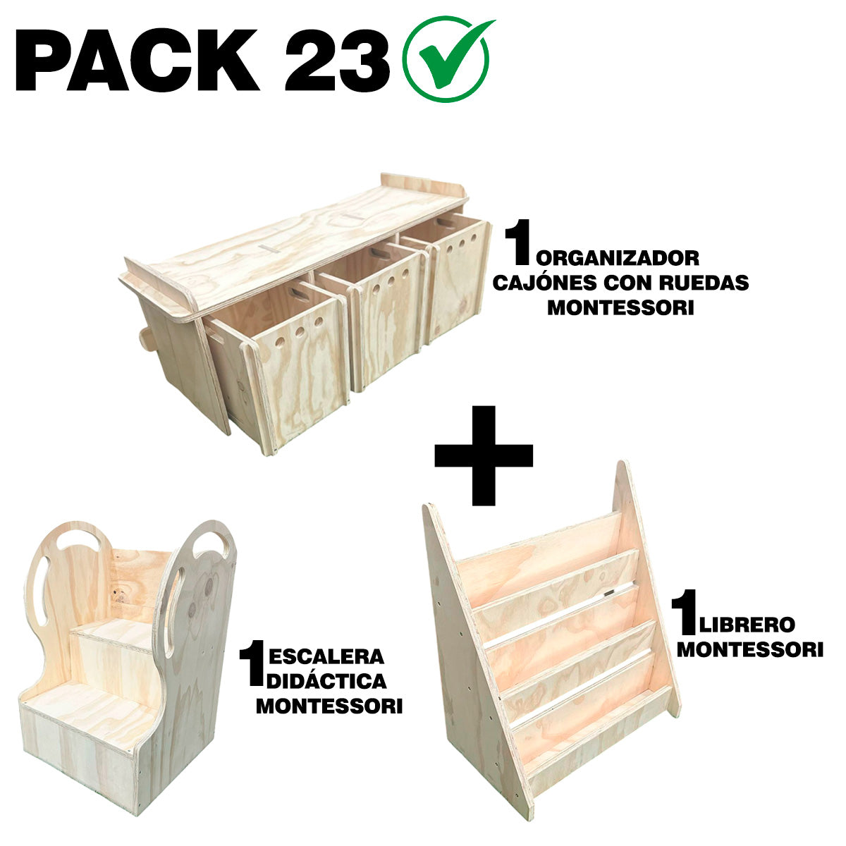 Pack 23 Montessori: Escalera Didáctica + Organizador + Librero para Niños