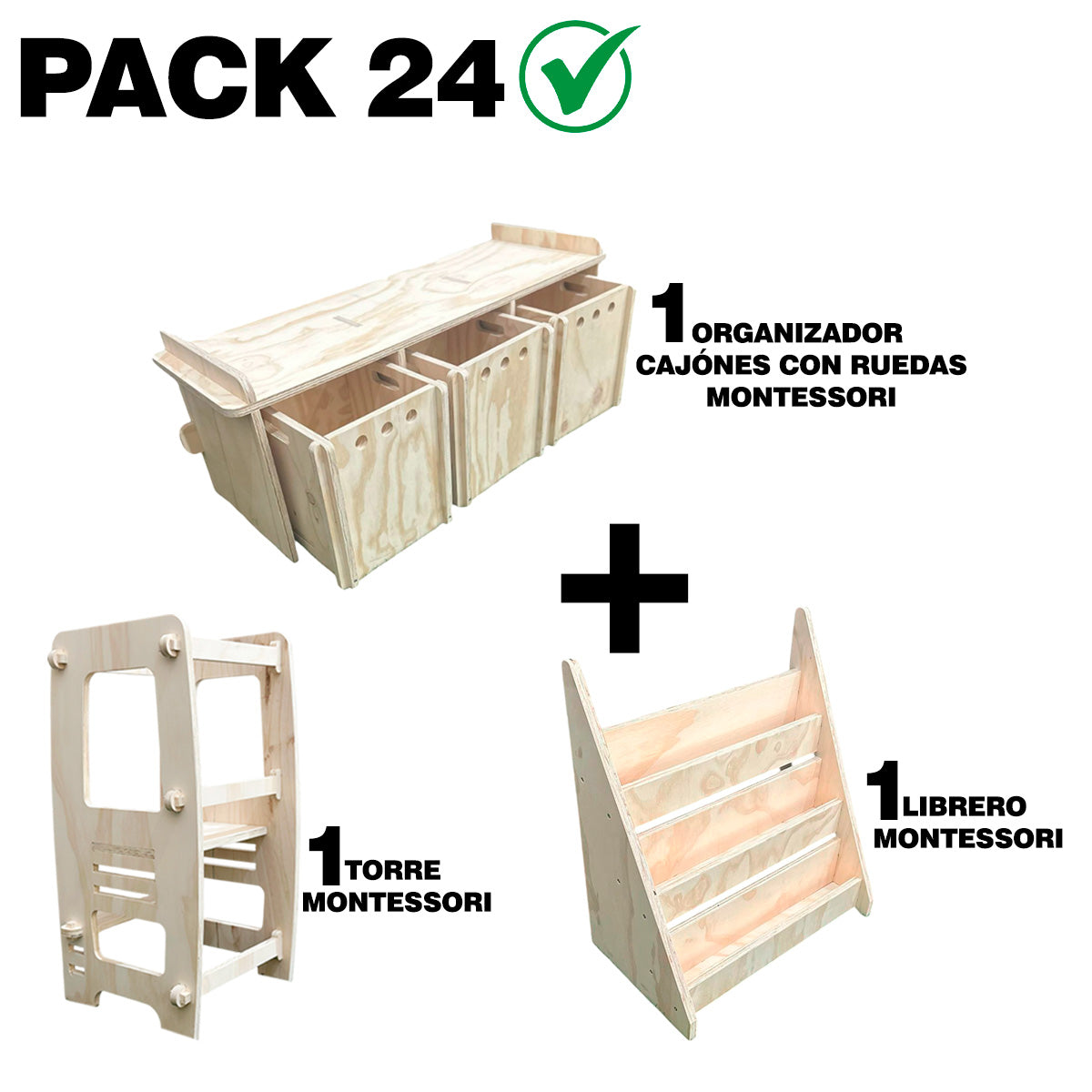 Pack 24 Montessori: Torre de Aprendizaje + Organizador + Librero para Niños