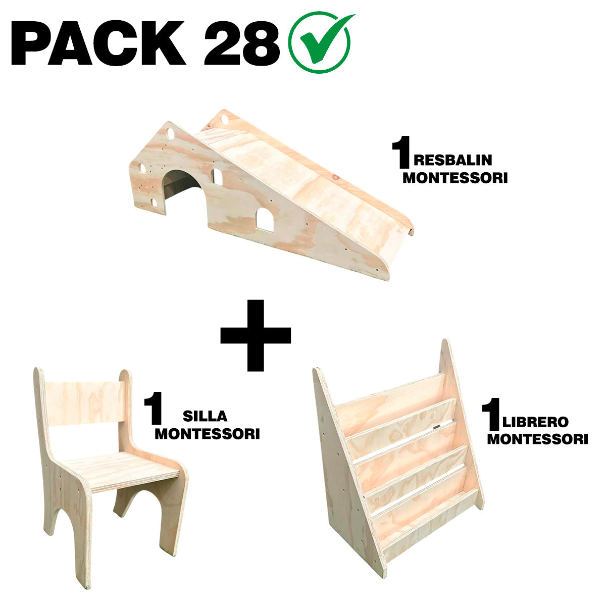 Pack 28 Montessori: Silla + Resbalín + Librero para Niños