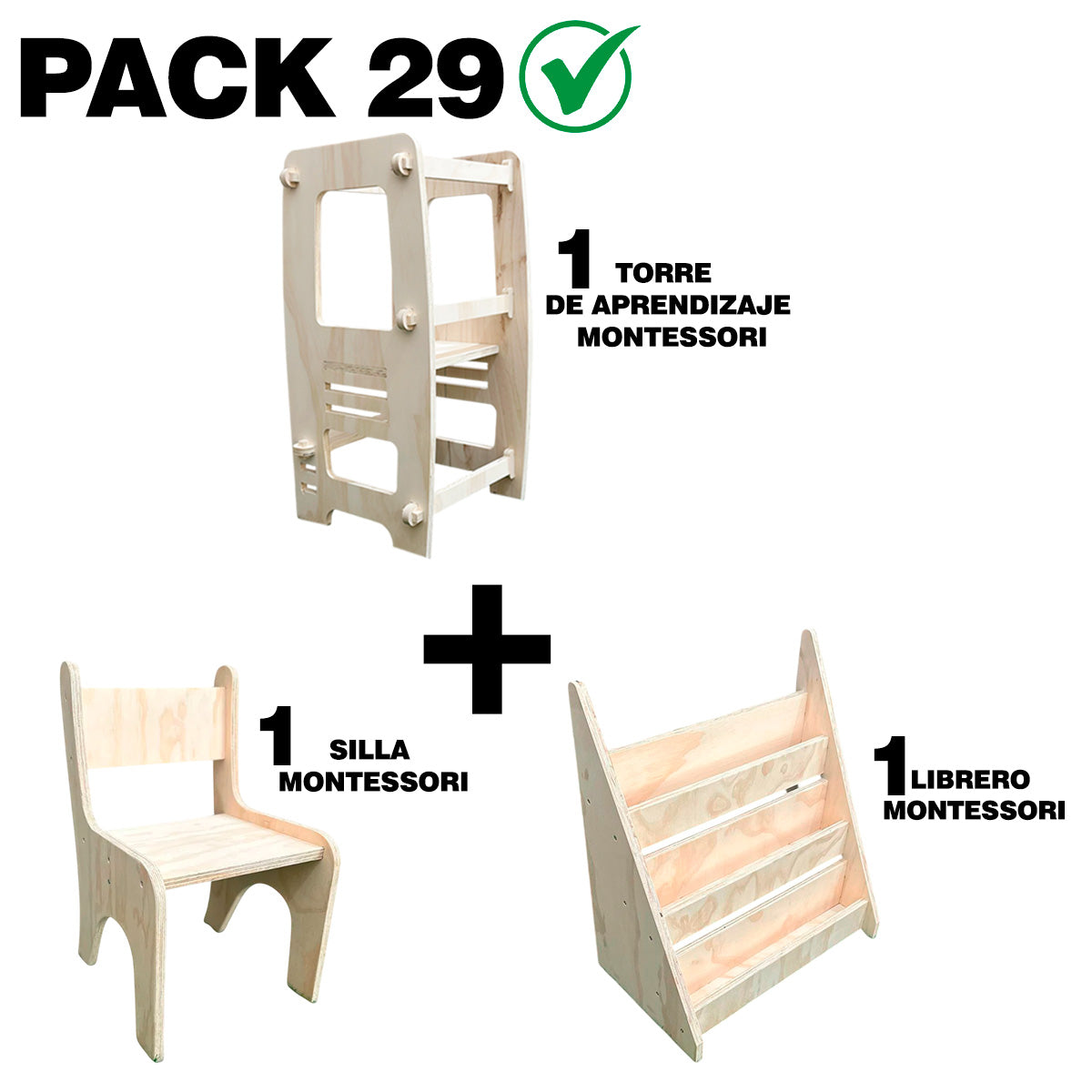 Pack 29 Montessori: Silla + Torre de Aprendizaje + Librero para Niños
