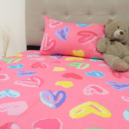 Cobertor Quilt Infantil Rosado Doral Hotpress Corazones 1.5 Plazas