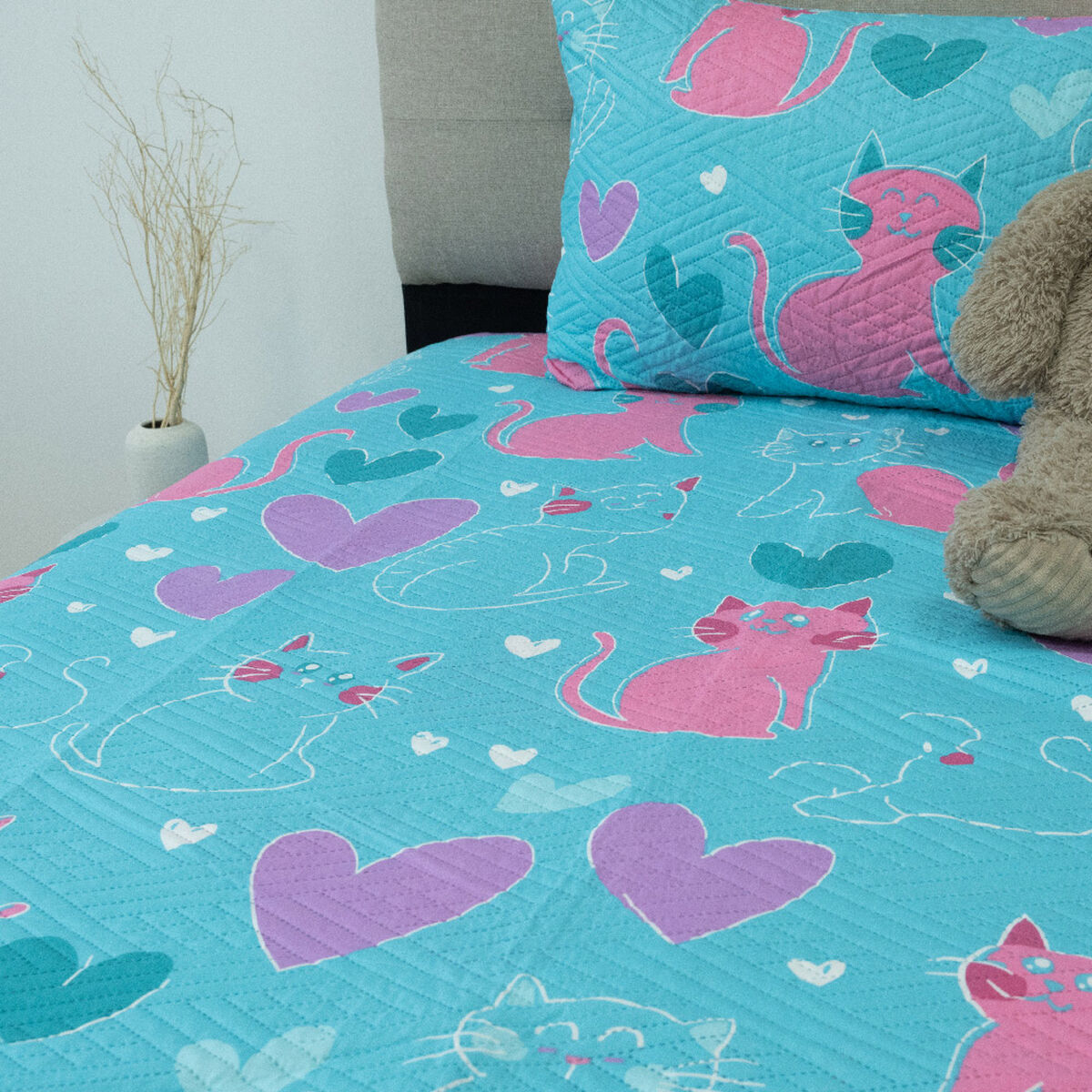 Cobertor Quilt Infantil Doral Hotpress Gatos 1.5 Plazas
