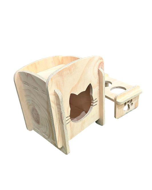 Casa Comedor De Madera Para Gatos - Diseño 2 En 1