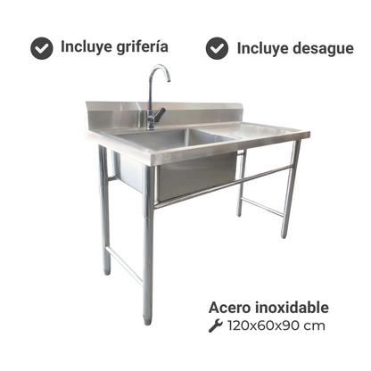 Lavafondo Simple Acero Inoxidable con Secador Derecho 120x60x90 cm