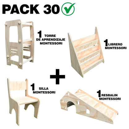 Pack 30 Montessori: Torre de Aprendizaje + Librero + Resbalín + Silla para Niños