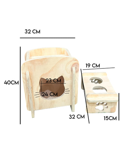 Casa Comedor De Madera Para Gatos - Diseño 2 En 1