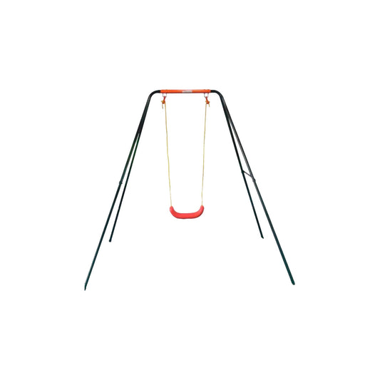Columpio infantil de metal con asiento rojo y estructura negra, ideal para el jardín.