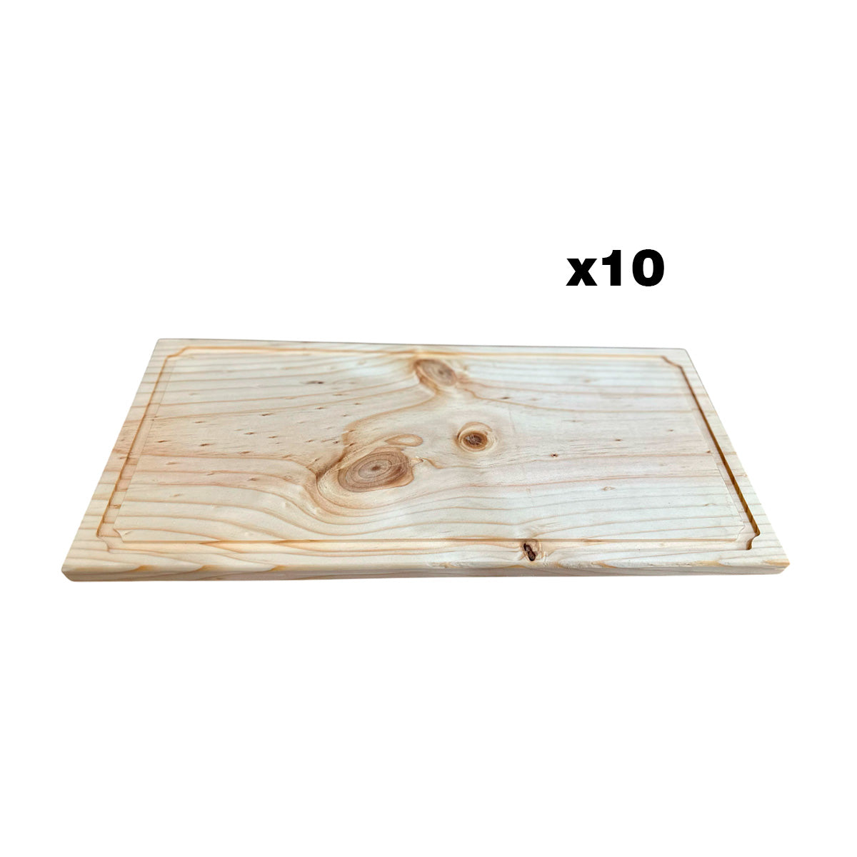 Imagen de una tabla de picoteo de madera de pino, mostrando su textura natural y diseño rústico, con un número "x10" indicando el pack.